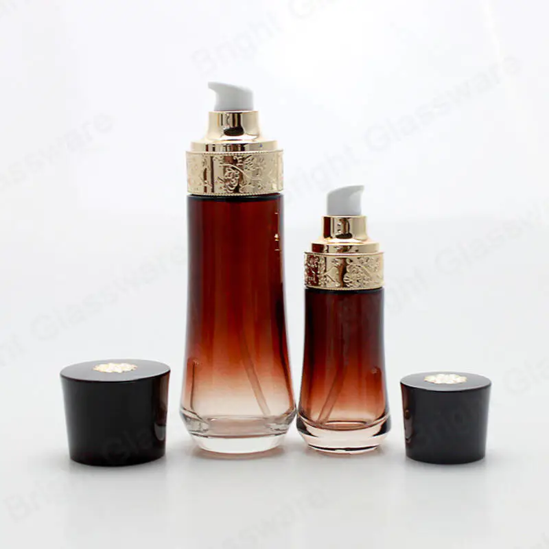 Vente en gros 150ml 120ml 100ml 50ml lotion brune pompe bouteille en verre ensemble emballage cosmétique