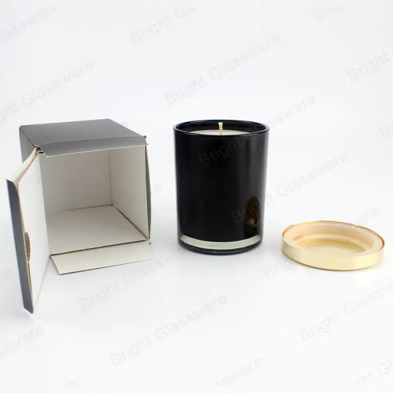 Frasco de vela negro reciclado con caja y tapa de metal para la venta