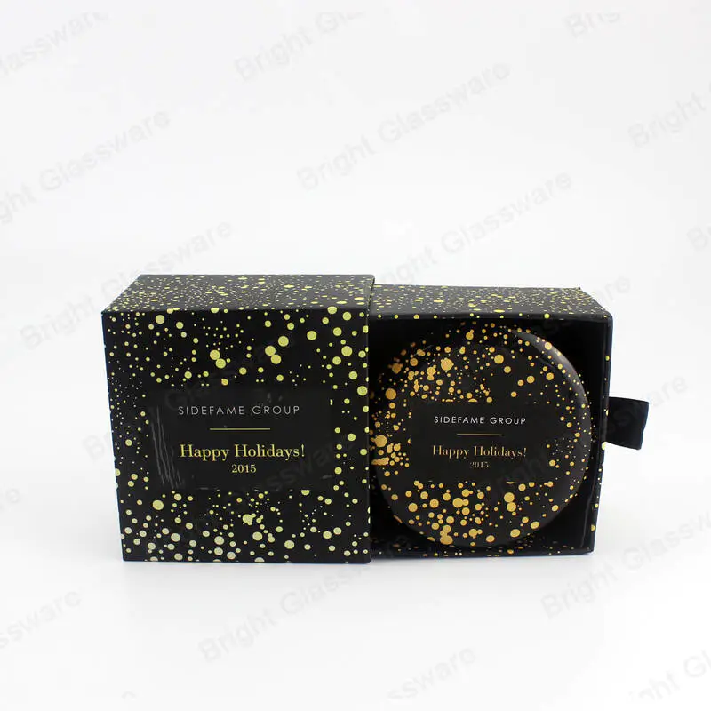 Diseño personalizado Embalaje de caja deslizante de cajón rígido negro de cartón con cinta para lata de velas
