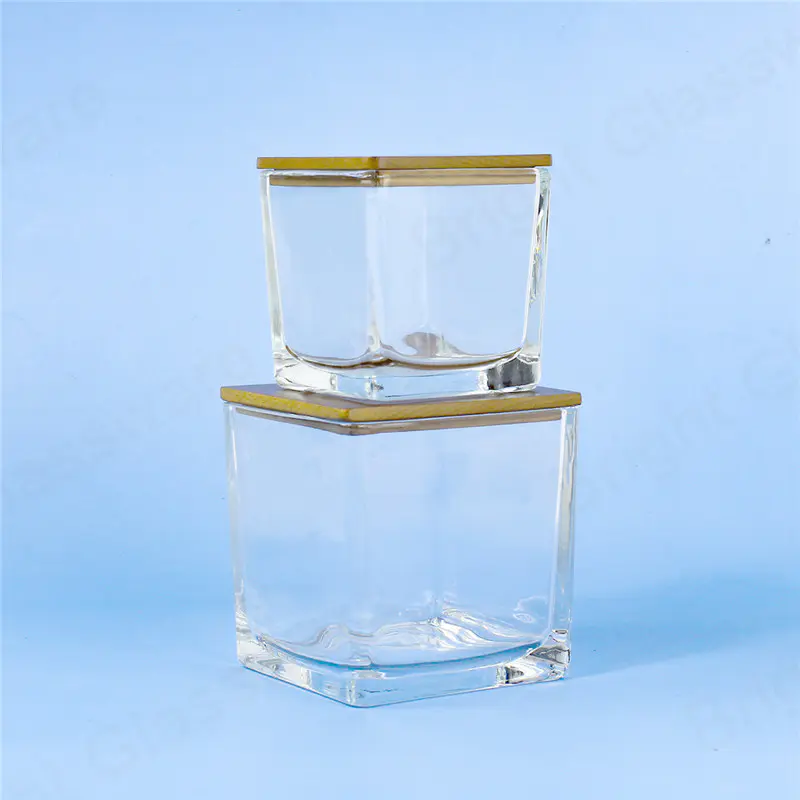 Merry Christmas gift luxury glass square candle jars with wooden lids and packaging box