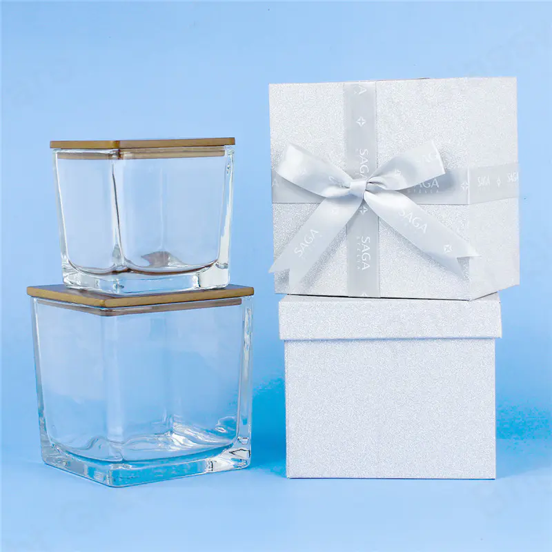 Feliz regalo de Navidad frascos de velas cuadradas de vidrio de lujo con tapas de madera y caja de embalaje