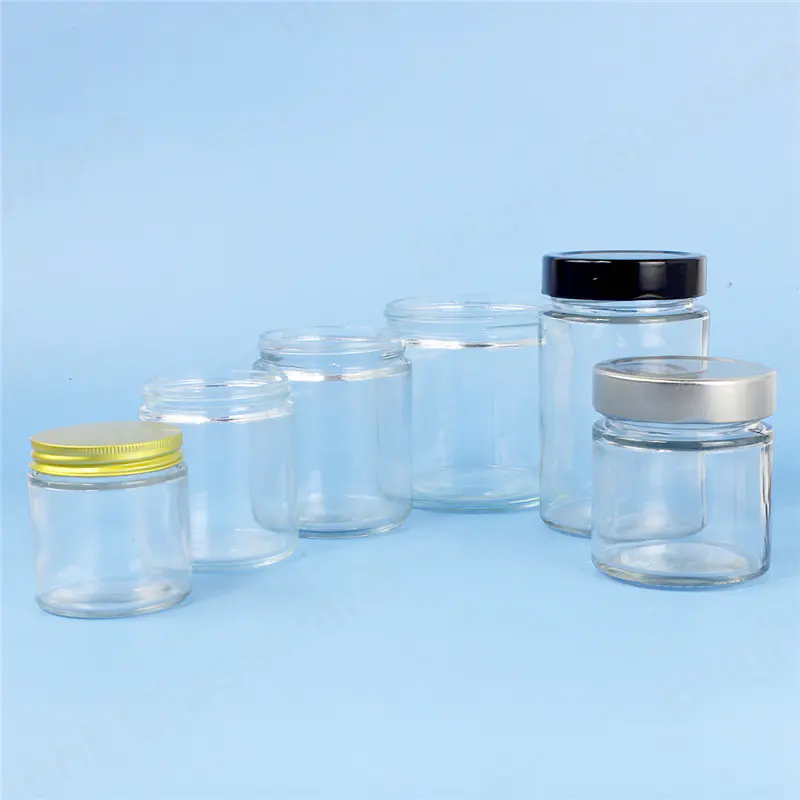 Tarros de vidrio transparente/negro baratos 15oz 8oz 6oz 4oz boca ancha de boca recta con tapa de aluminio