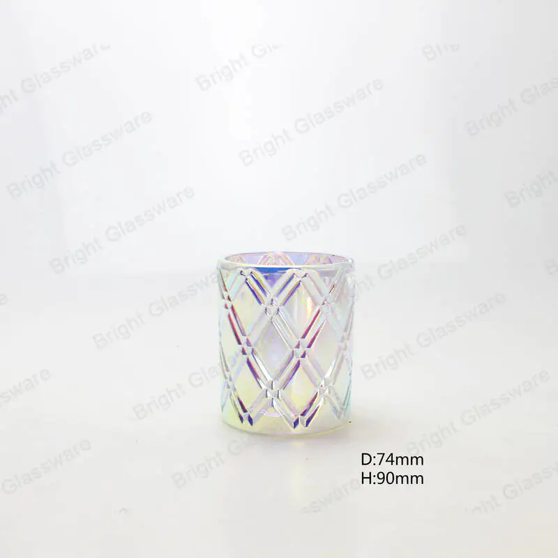 レインボーラウンドダイヤモンドパターンキャンドルホルダーガラス