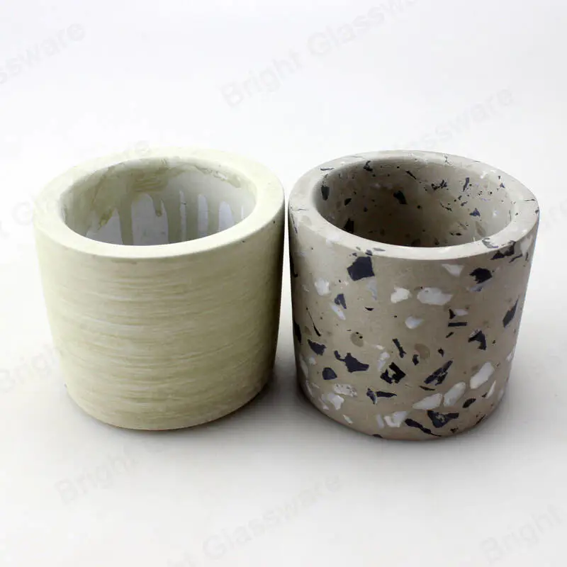 灰色混凝土蜡烛罐与木盖水磨石花盆