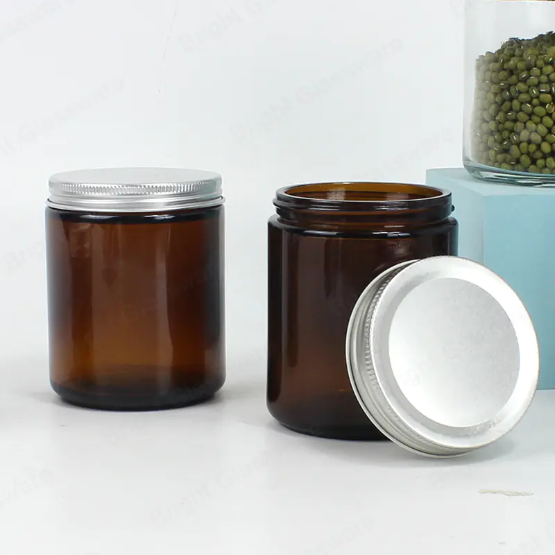 Pots cosmétiques en verre ambré de 8 oz à large bouche avec couvercle en aluminium