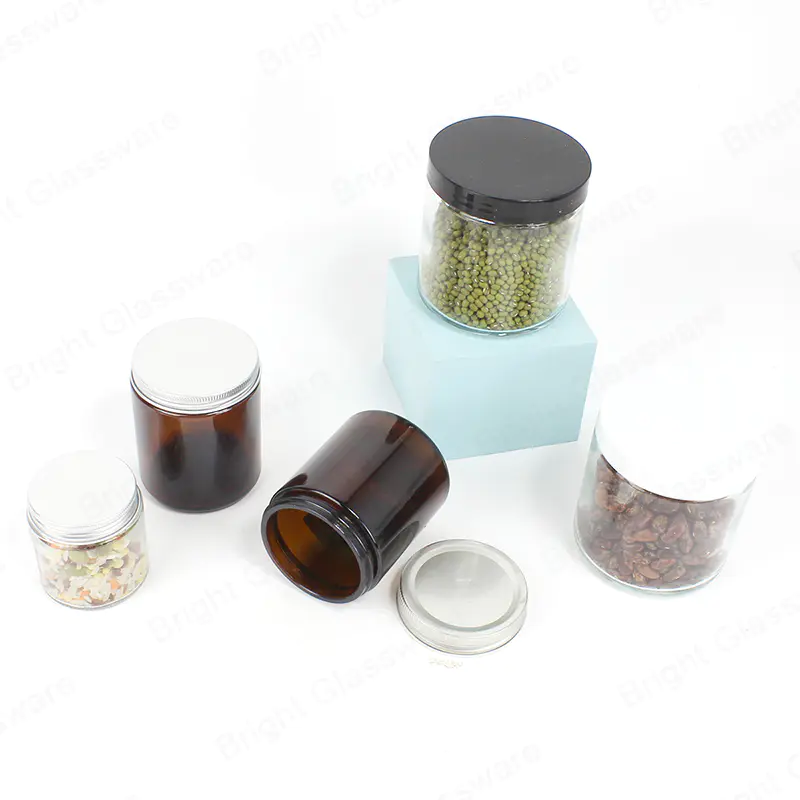 wide mouth clear amber color glass storage jar with aluminum lid