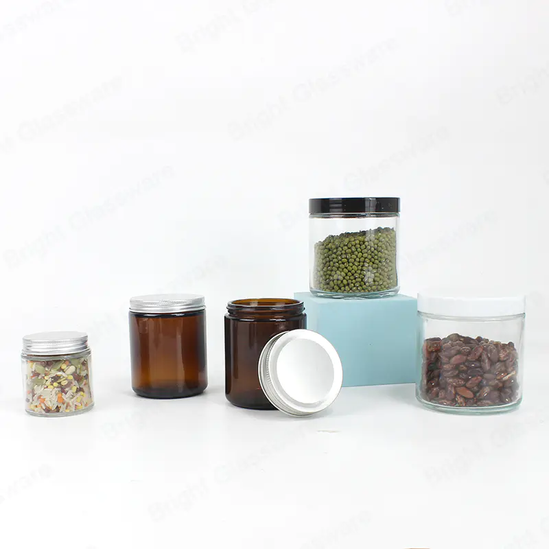 wide mouth clear amber color glass storage jar with aluminum lid
