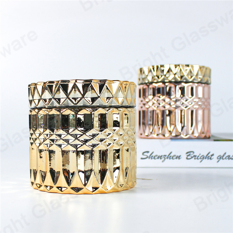 Gran lujo de cristal de oro rosa transparente Geo Diamond Cut Candle Jars con tapa plana