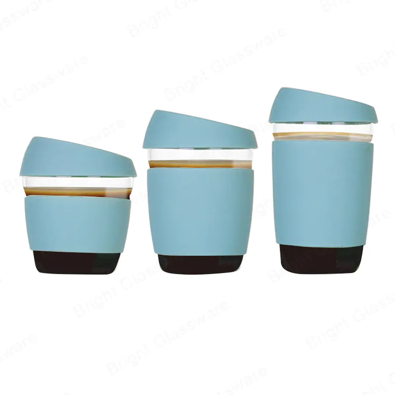 Eco-Friendly 12oz/350ml Travel Takeaway Pyrex Tea Mug Glass Coffee Cup with Silicone Lid