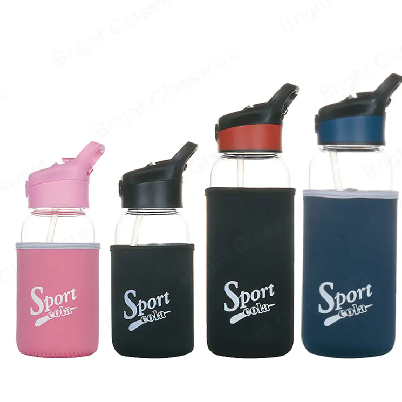 700ml 1 liter glass sports water bottle with straw and flip top lid