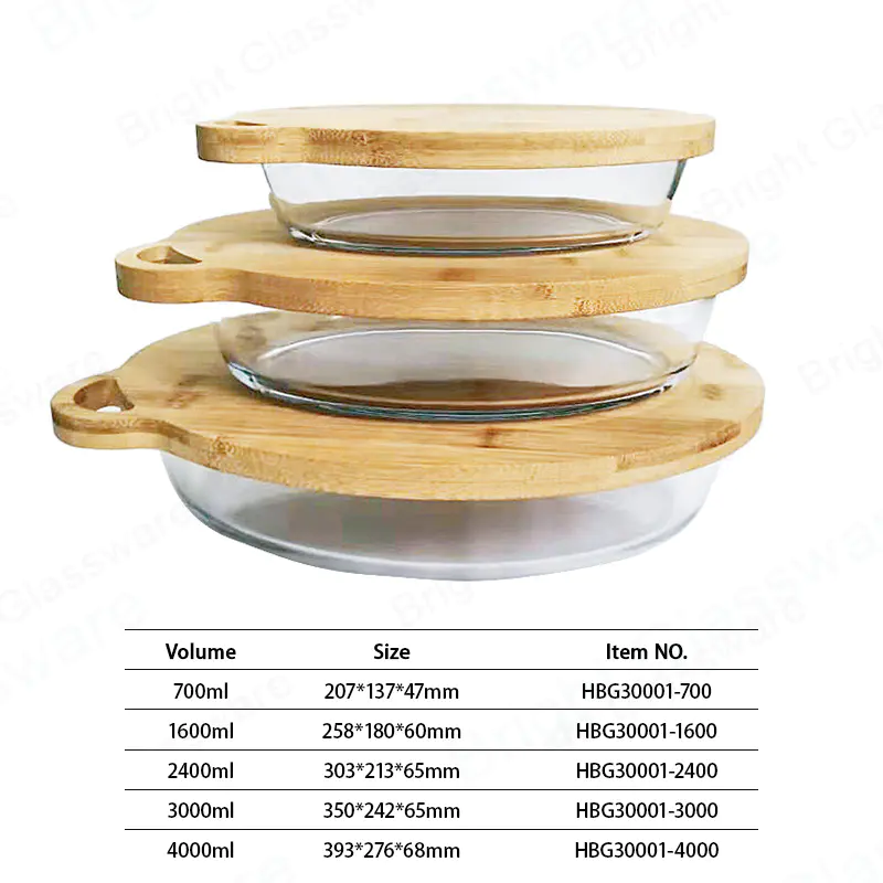 Plats de cuisson en verre borosilicaté rond ovale naturel écologique avec couvercles en bambou ensemble de 3