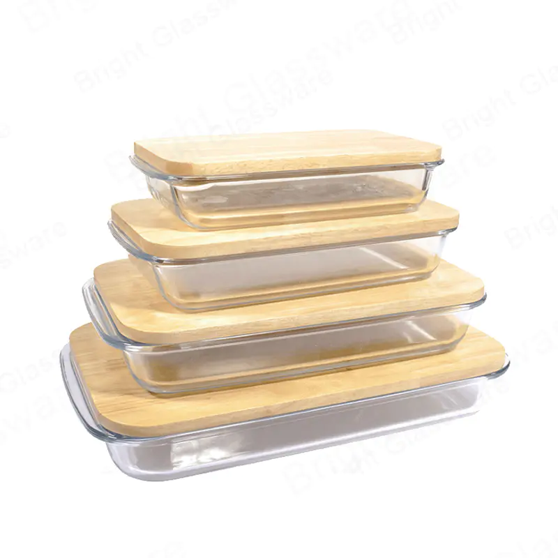 rectangula heat-resistant baking tray borosilicate glass bakeware set with bamboo lid