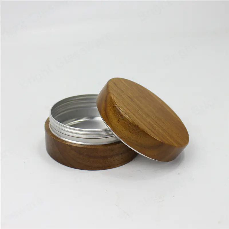 Boîtes de forme ronde Récipient cosmétique pot de crème en aluminium vide avec couvercle en bois