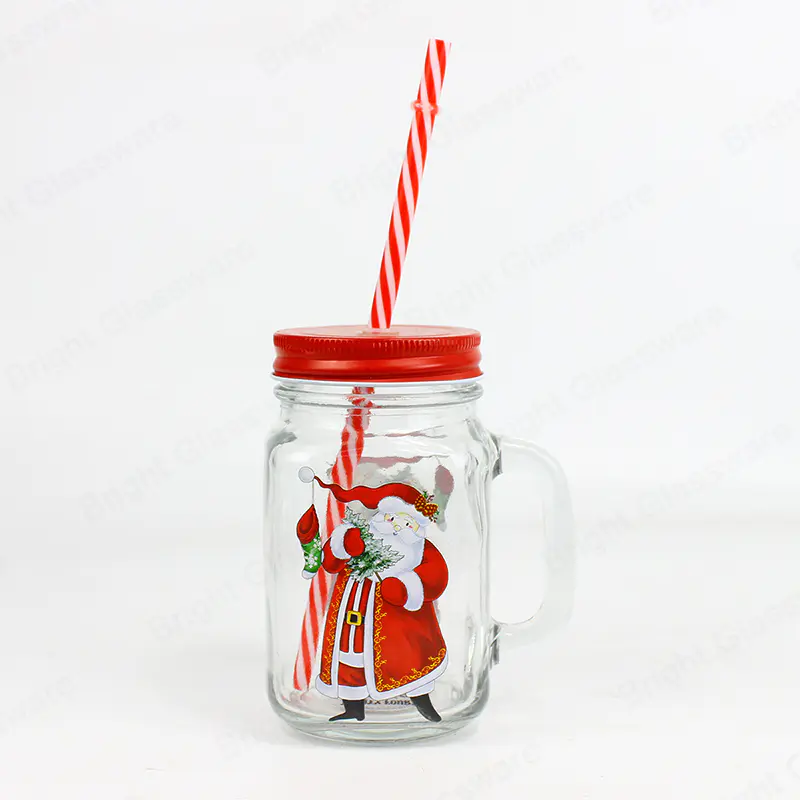 480mlカスタム印刷ロゴクリスマスデコレーショングラス飲料マグカップガラスメイソンジャーストローと蓋付き
