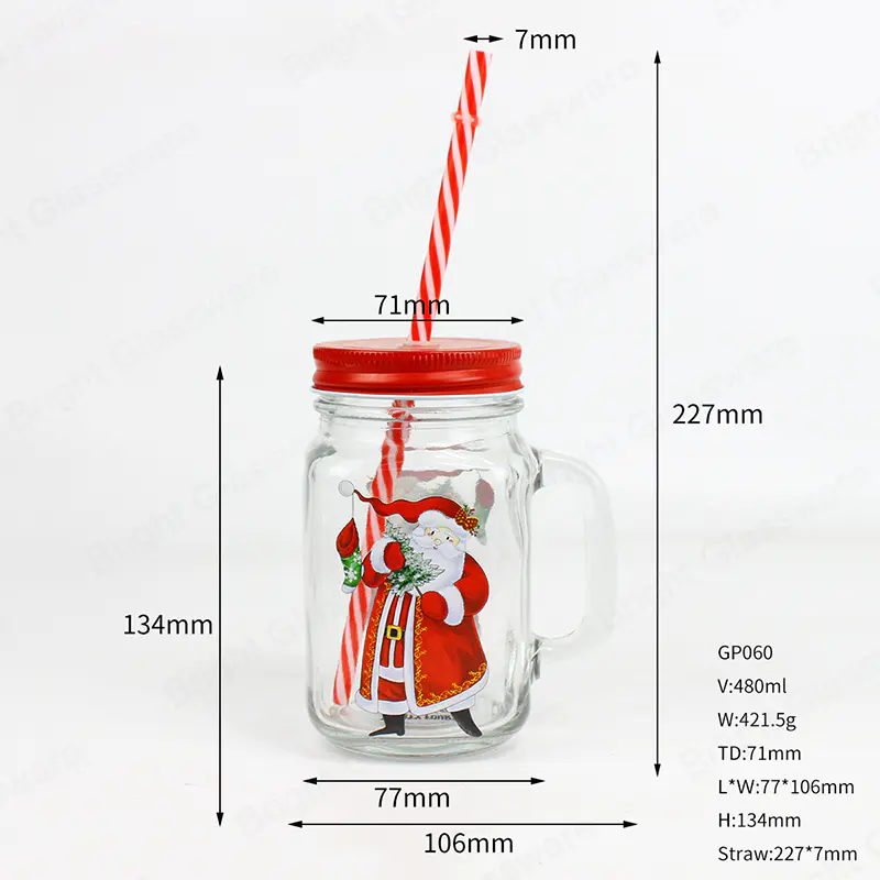 480ml logotipo de impresión personalizado decoración navideña vidrio bebida bebida taza de vidrio albañil frascos con paja y tapa