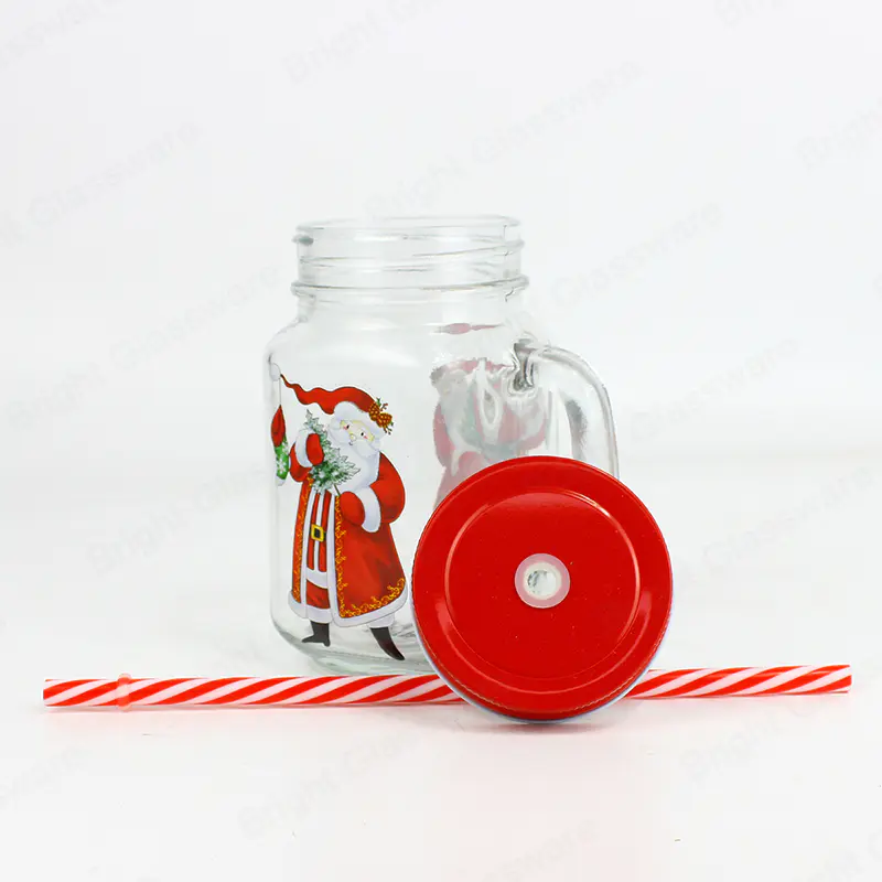 480ml logotipo de impresión personalizado decoración navideña vidrio bebida bebida taza de vidrio albañil frascos con paja y tapa