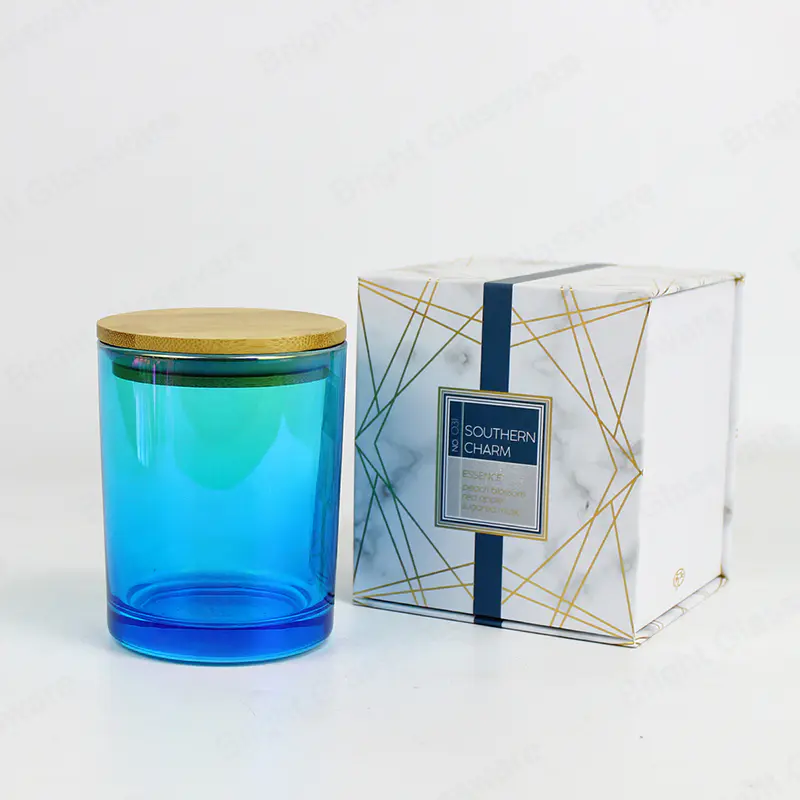Custom electroplated blue empty glass candle vessel with lid and gift box