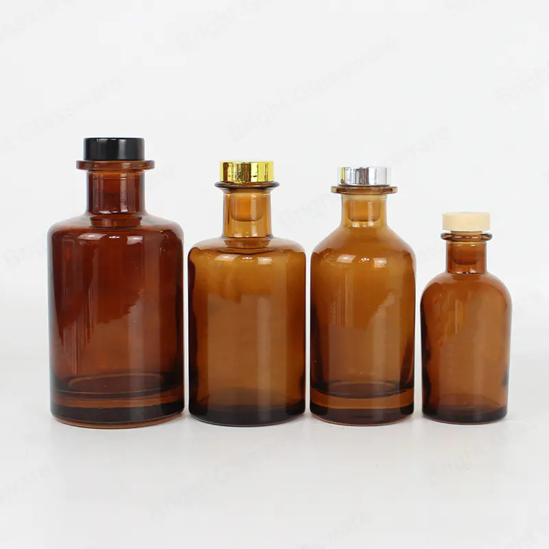 Home aroma fragrance 250ml 200ml 150ml 100ml amber big belly shape glass reed diffuser bottle with cork