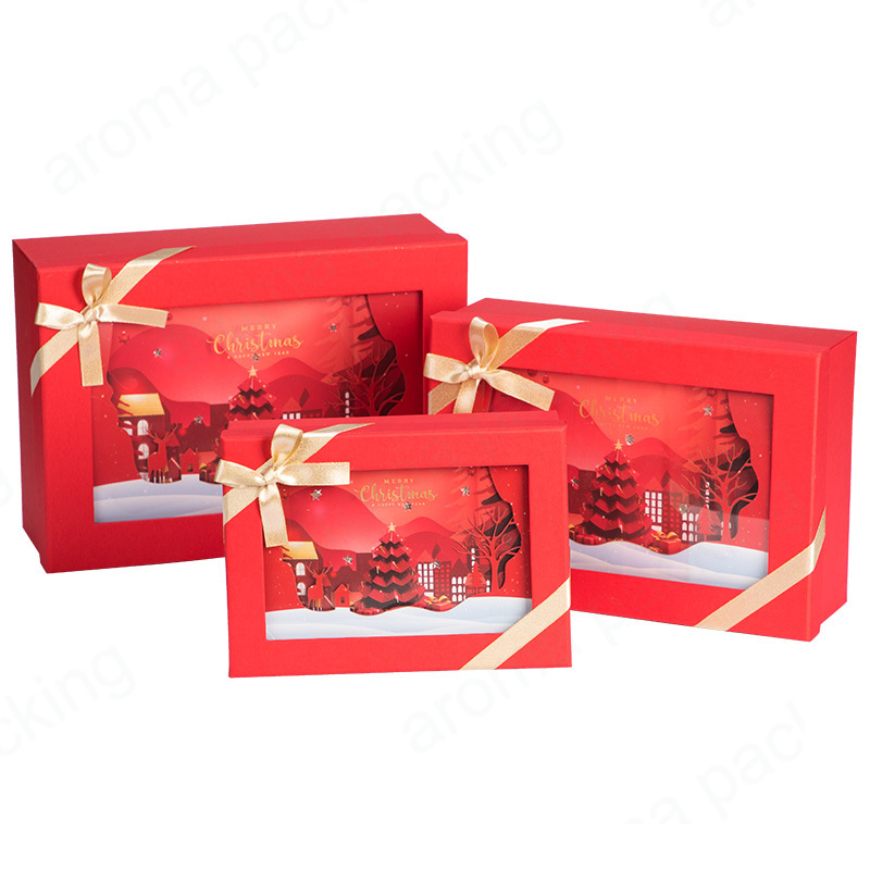 Custom logo printing luxury Merry Christmas Eve gift box with clear window lid