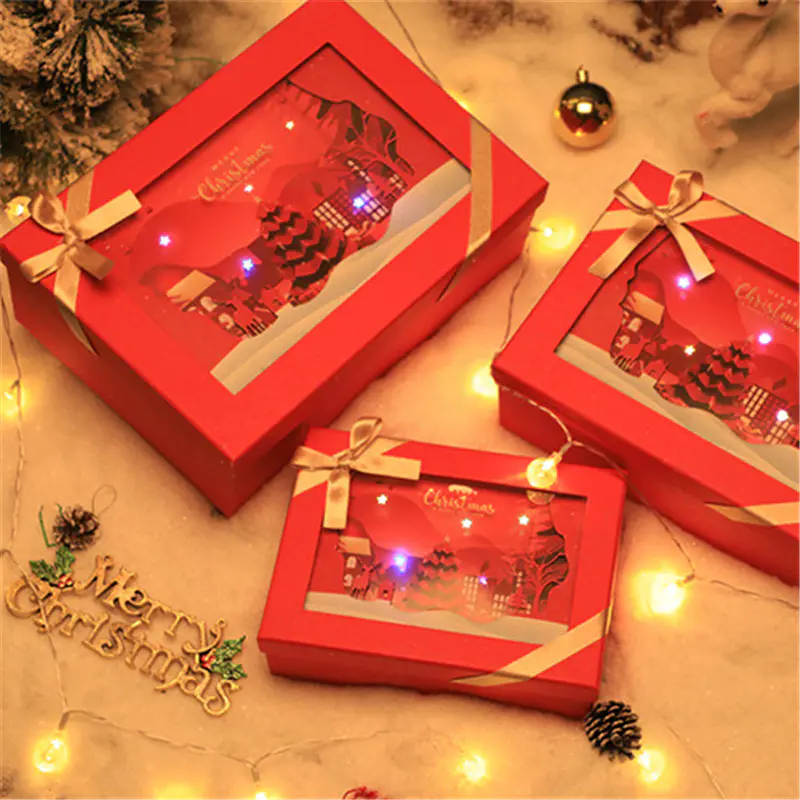 定制徽标印花豪华圣诞快乐夜礼品盒，带透明窗盖