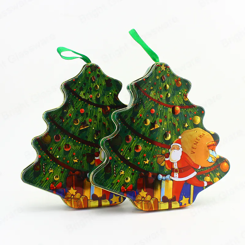 Индивидуальный дизайн жестяной коробки Упаковка Жестяной контейнер в форме рождественской елки с лентой для конфетного подарка