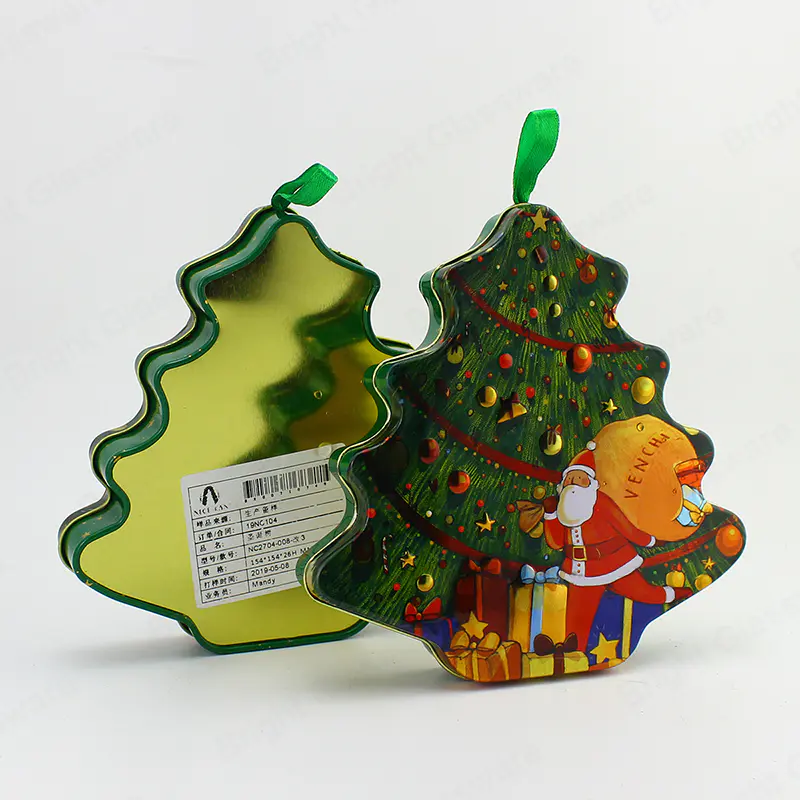 定制设计锡盒包装圣诞树形状锡容器，带糖果礼品丝带