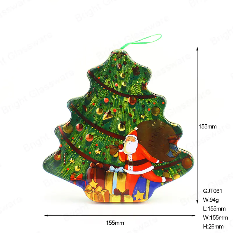 Diseño personalizado Embalaje de caja de hojalata Contenedor de estaño en forma de árbol de Navidad con cinta para regalo de dulces