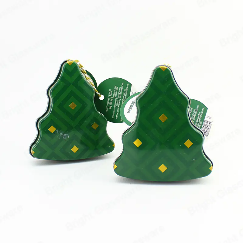 Venta al por mayor de dulces caja de regalo árbol de Navidad forma de caja de hojalata de embalaje de envases con cinta