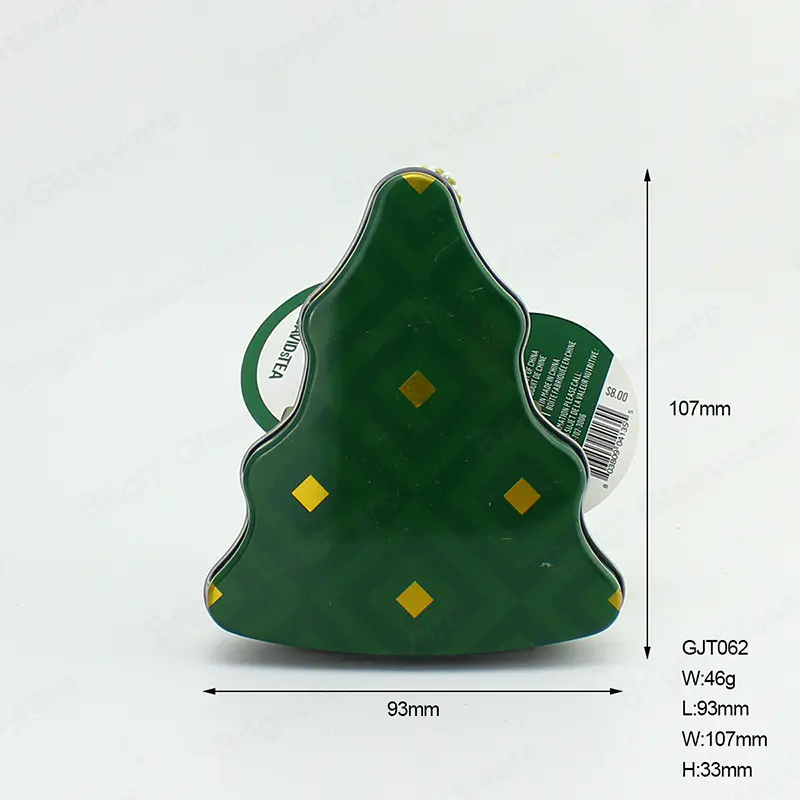 Venta al por mayor de dulces caja de regalo árbol de Navidad forma de caja de hojalata de embalaje de envases con cinta