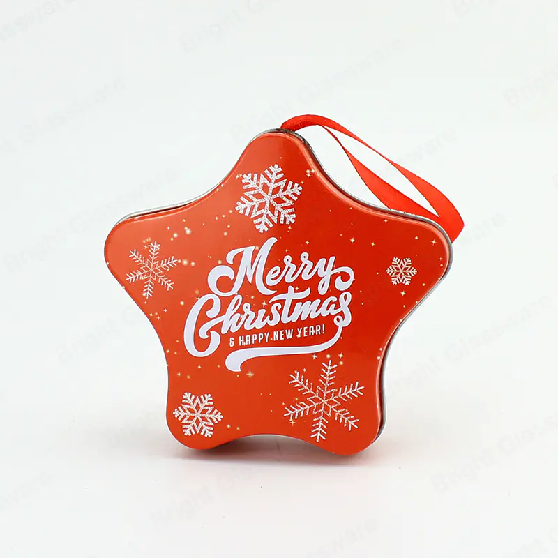 Boîte en fer blanc en forme d’étoile de Noël Conteneur d’impression personnalisée Boîte d’emballage en métal avec ruban pour cadeau de bonbons