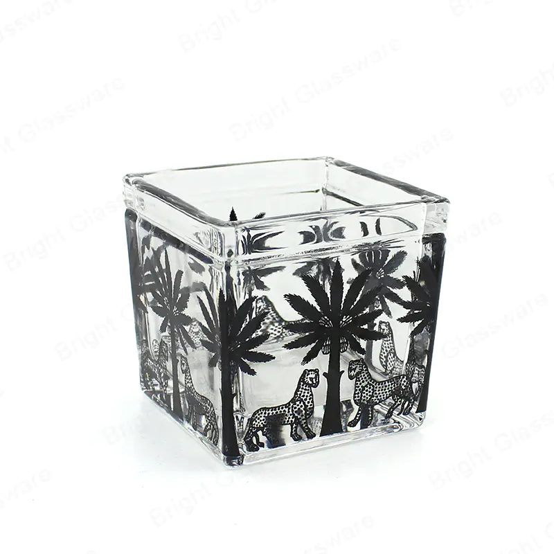 Wholesale Square Glass Jar for Candle with Tree Decal