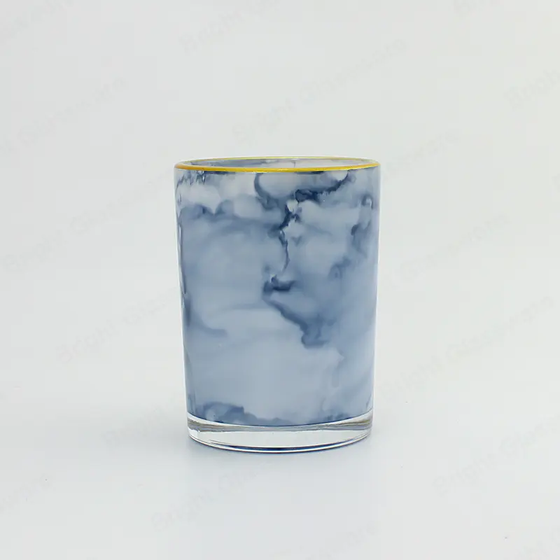 Pots de bougies en verre de marbre bleu avec bord doré