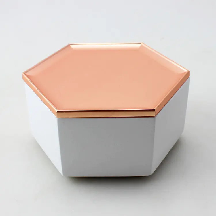 Luxury White Hexagon Concrete Candle Holder with Metal Lid