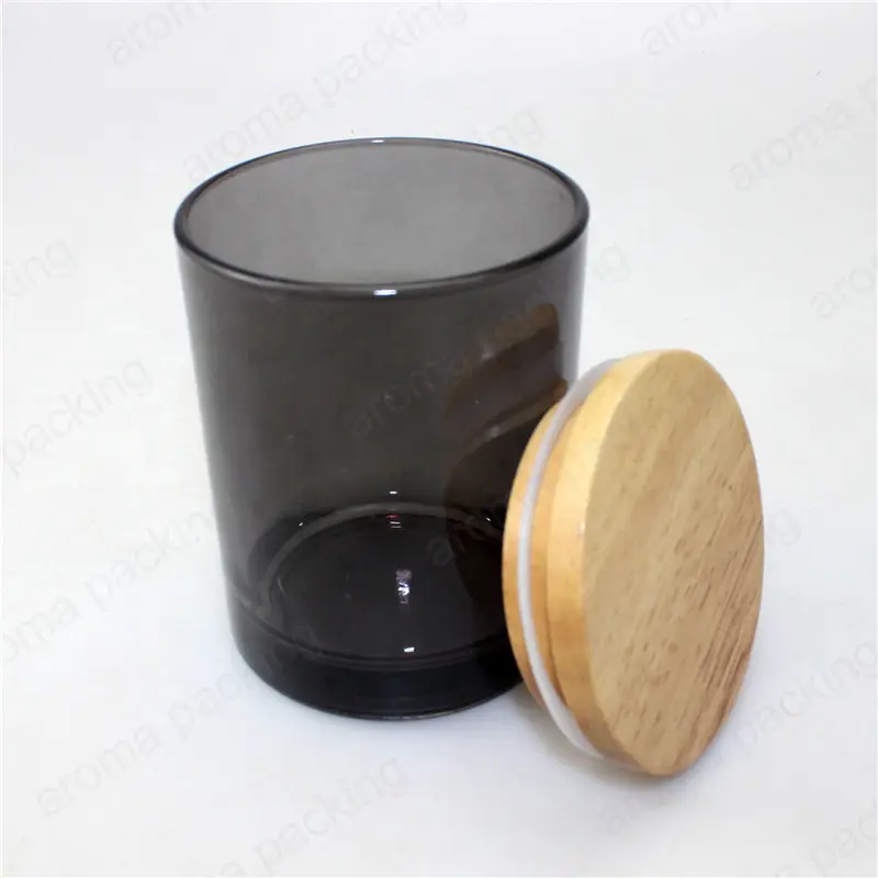 فارغة شفافة جرة الزجاج الأسود لشمعة مع غطاء خشبي