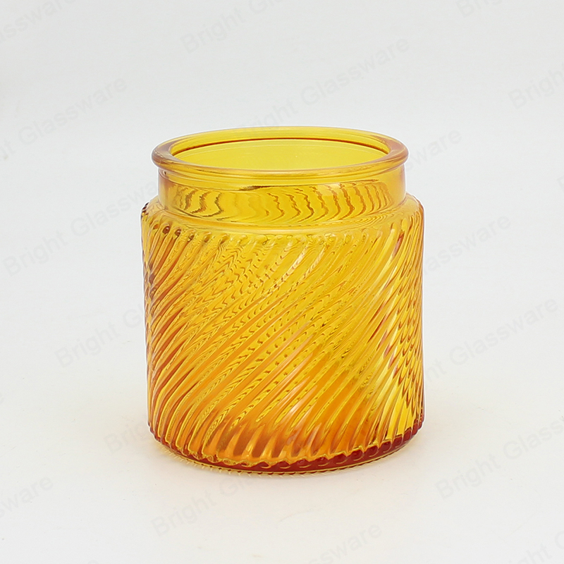 Embossed Shining Jar Amber Glass Candle Container With Wide Mouth For Home Decor