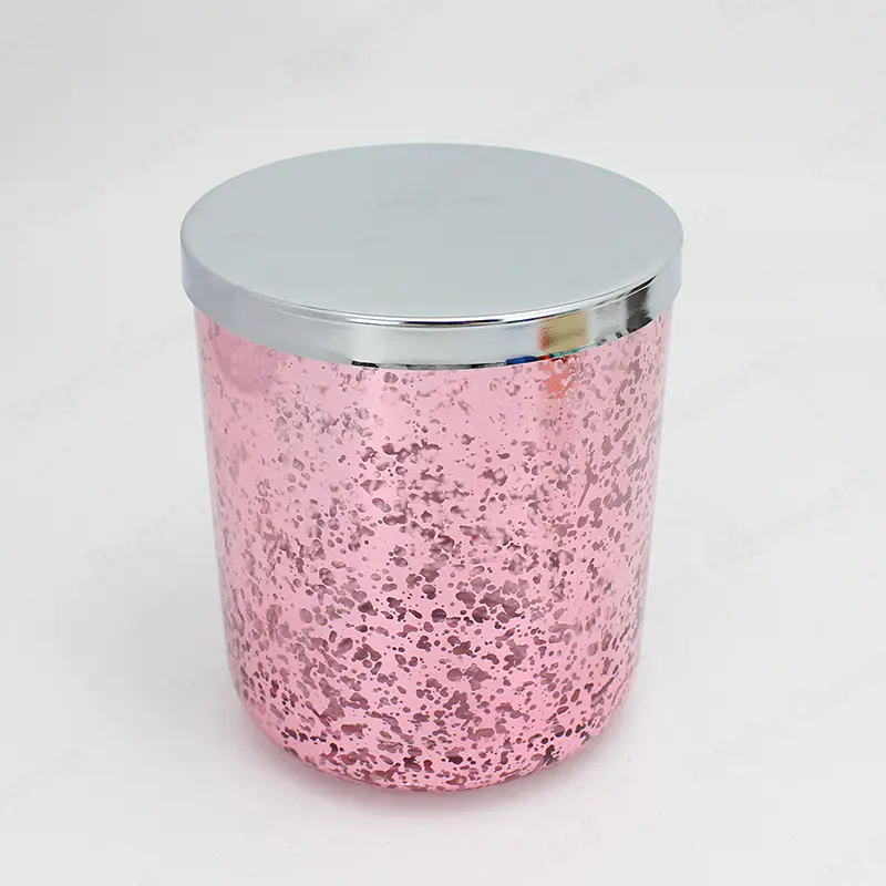 現代の卸売ピンク電気メッキガラスキャンドルジャーローズゴールド蓋付き