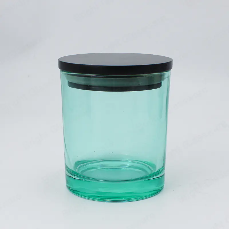8oz圆形容器绿色玻璃蜡烛罐，带木制金属盖