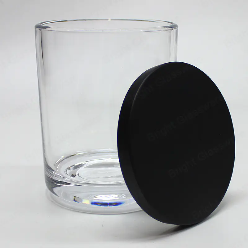 Venta caliente 30oz base curva clara jarra de vela de vidrio transparente con tapa de metal negro para la fabricación de velas
