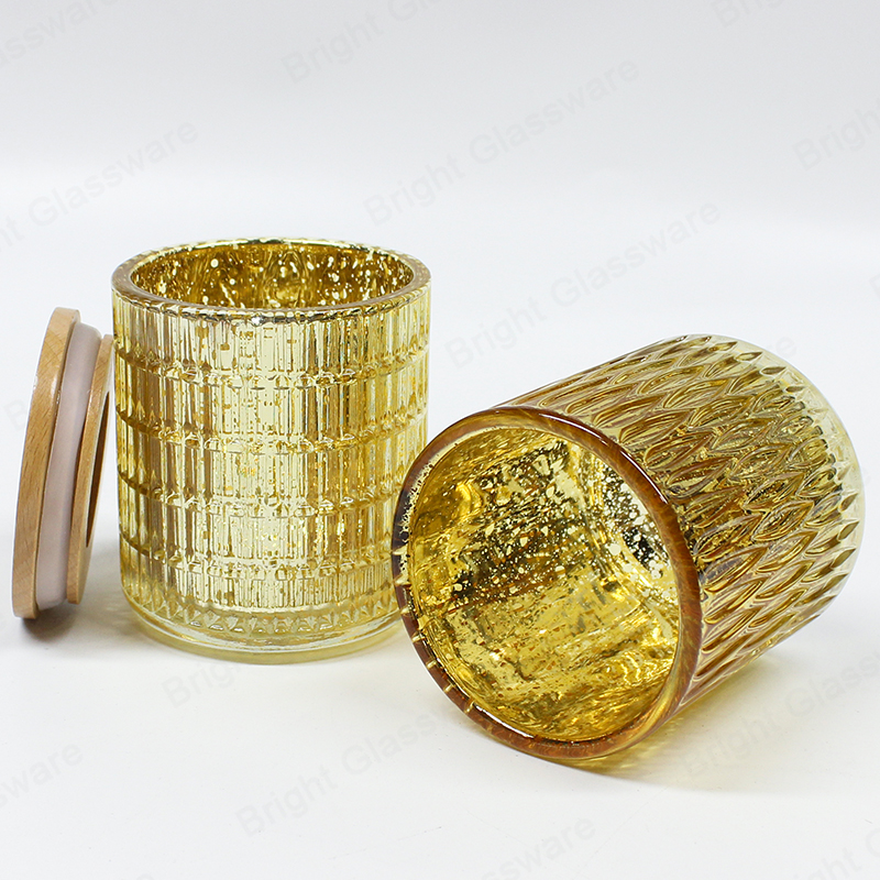 أزياء الذهب اللون لامعة الزجاج الطلاء الكهربائي شمعة جرة مع غطاء الخيزران