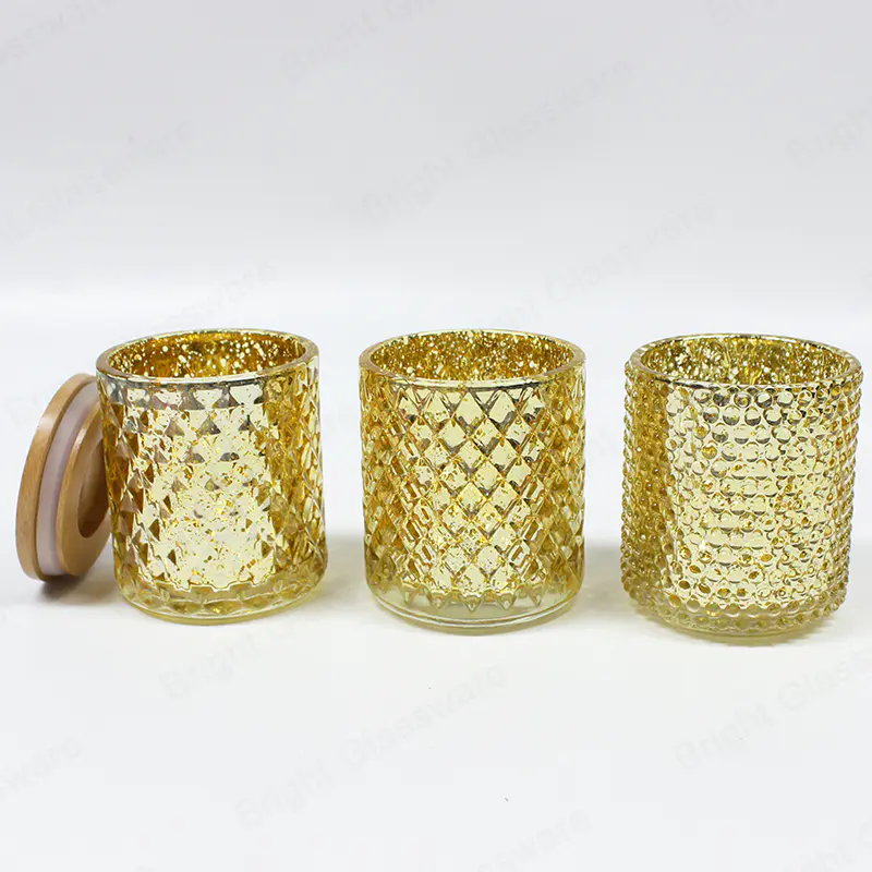 时尚金色闪亮电镀玻璃蜡烛罐带竹盖
