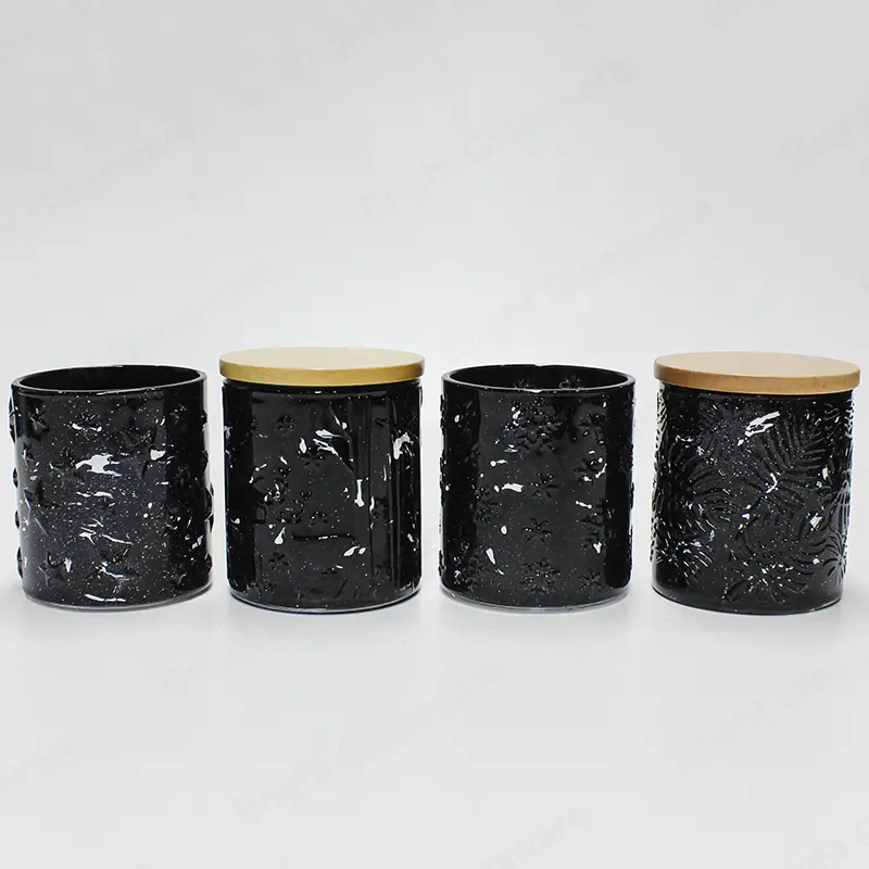 可定制的中等尺寸黑色复古玻璃蜡烛罐，具有各种图案