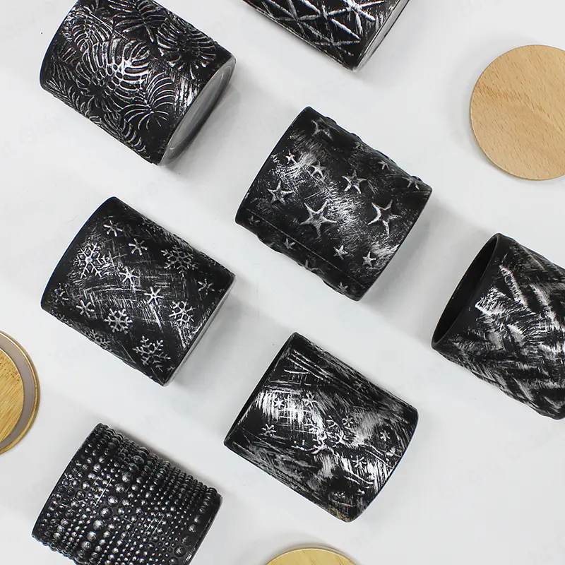 Customizable Medium Size Black Retro Glass Candle Jars with Various Patterns