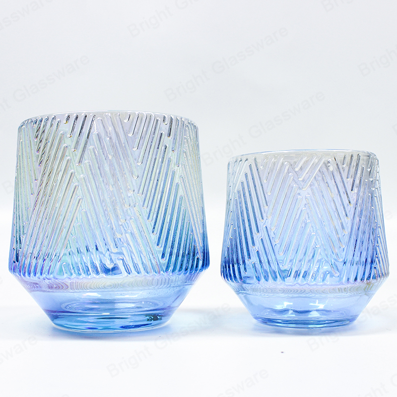 China Candle Jars Stripe Electroplated Transparent Blue Glass Jar for Home Decoration