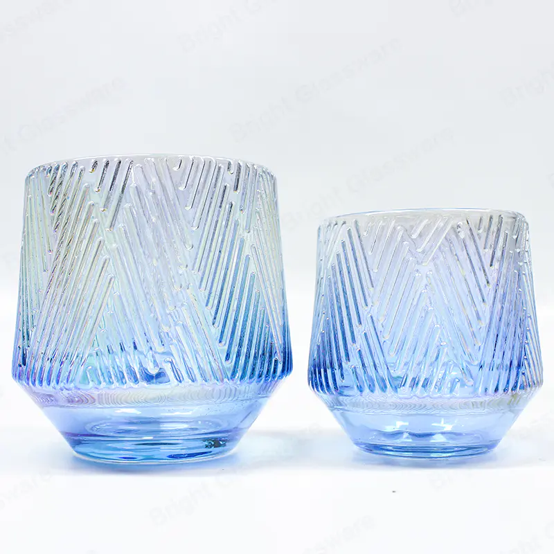 China Candle Jars Stripe Electroplated Transparent Blue Glass Jar para la decoración del hogar