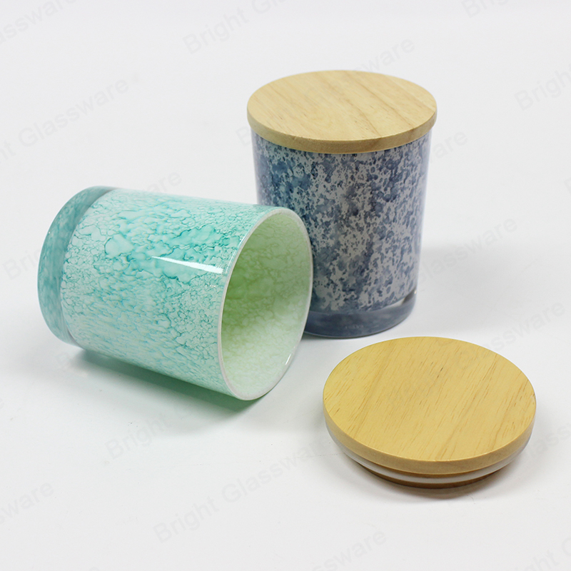 Custom Logo Shiny Green Blue Pattern Luxury Candle Glass Jar with Wooden Lid