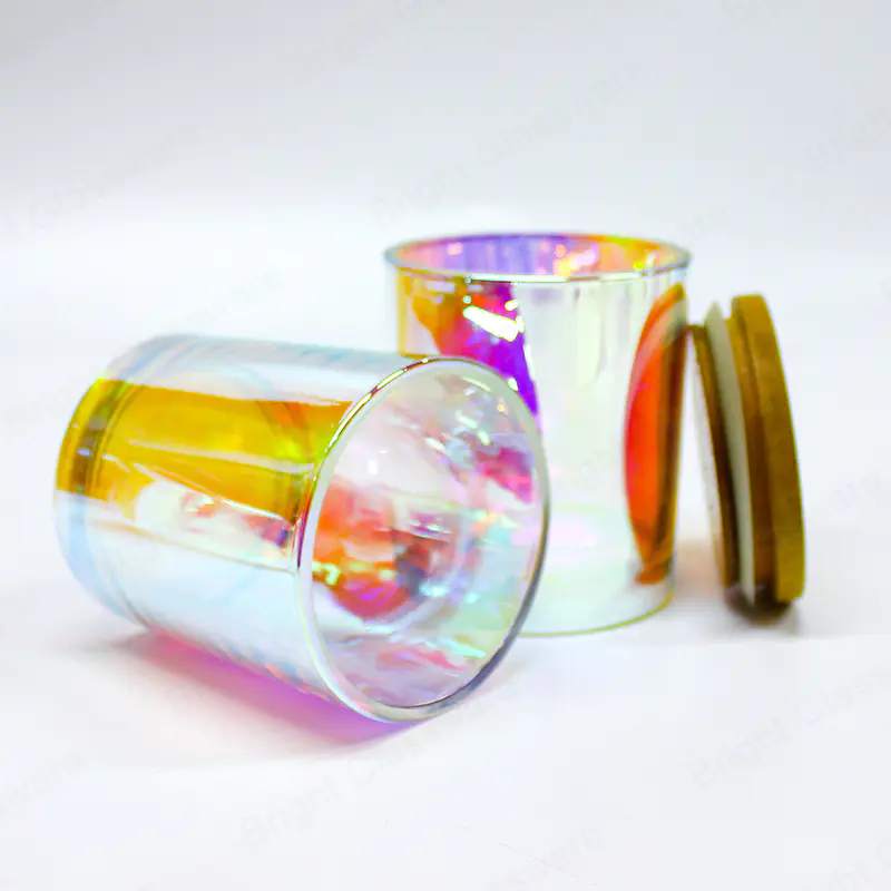 中国環境に優しいシリンダー電気めっき虹色のガラスキャンドルジャー卸売業者