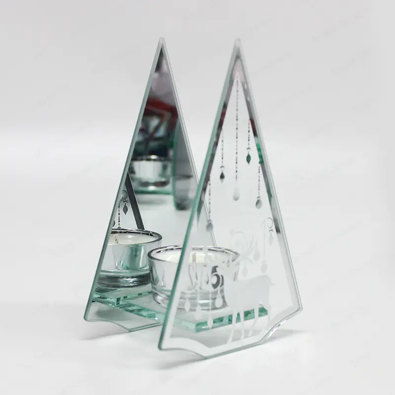 OEM ODM Triángulo Patrón de impresión de seda Vidrio transparente Tealight Candelabros para regalo de Navidad