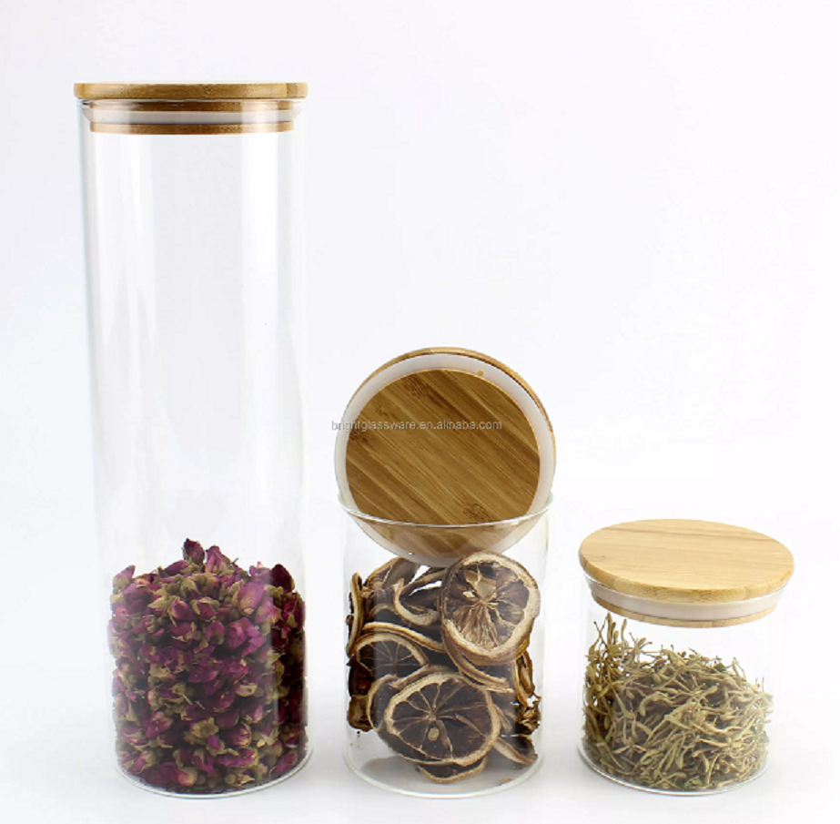 Pots de stockage en verre borosilicaté à haute teneur en bambou avec couvercle en bambou pour le sucre de café au thé bonbon