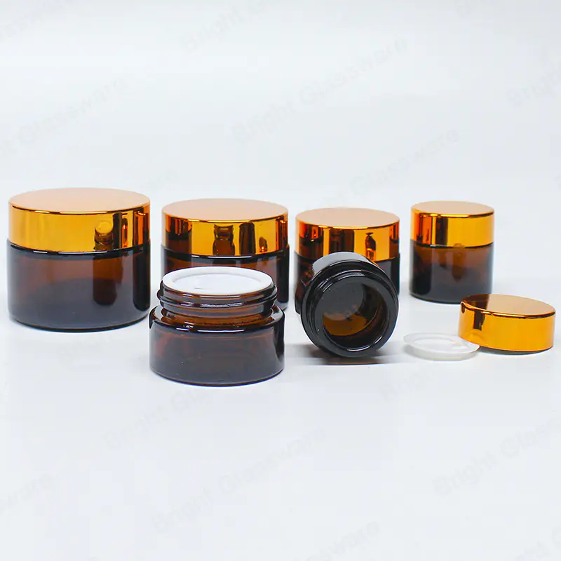环保再生琥珀色化妆品玻璃罐，带螺丝金色盖子
