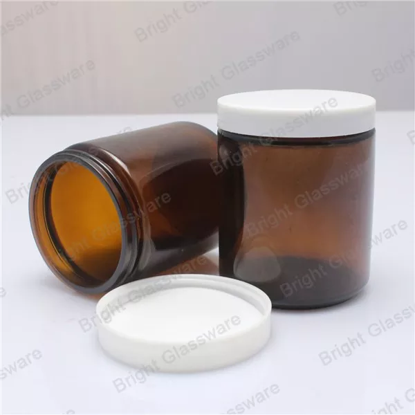 glass cosmetic bottle | 200ml round shape straight body amber glass jar with white plastic lid for cosmetic